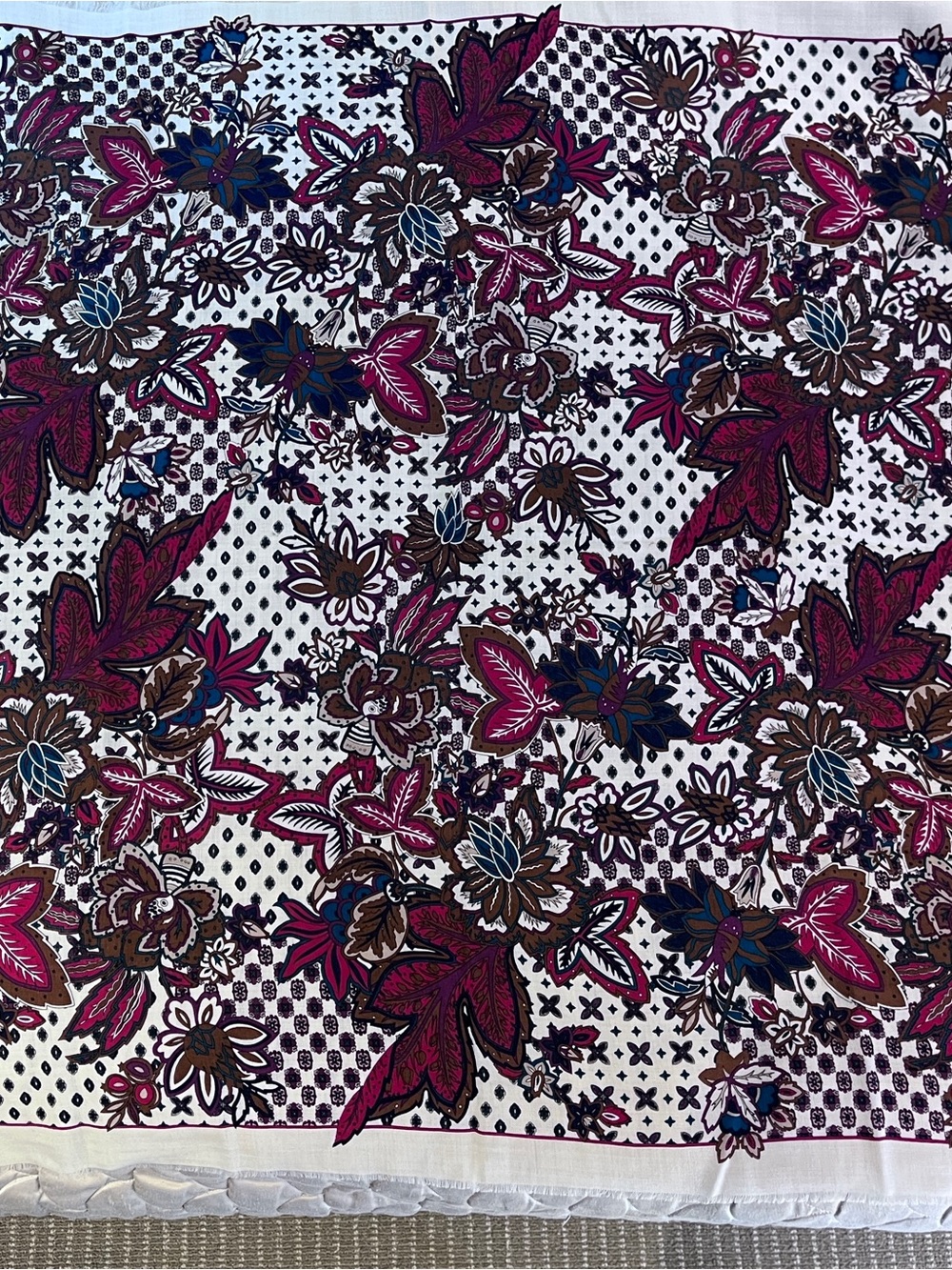 Ginnie Johansen Floral Wool Scarf vintage 1988 with fringed edges